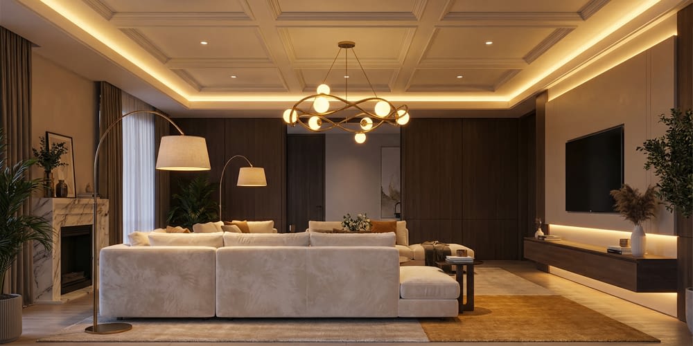 עיצוב תאורה לבית - סלון יוקרתי עם תאורה מדורגת