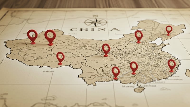 מפת סין עם פינים מפוזרים על ערי הייצור