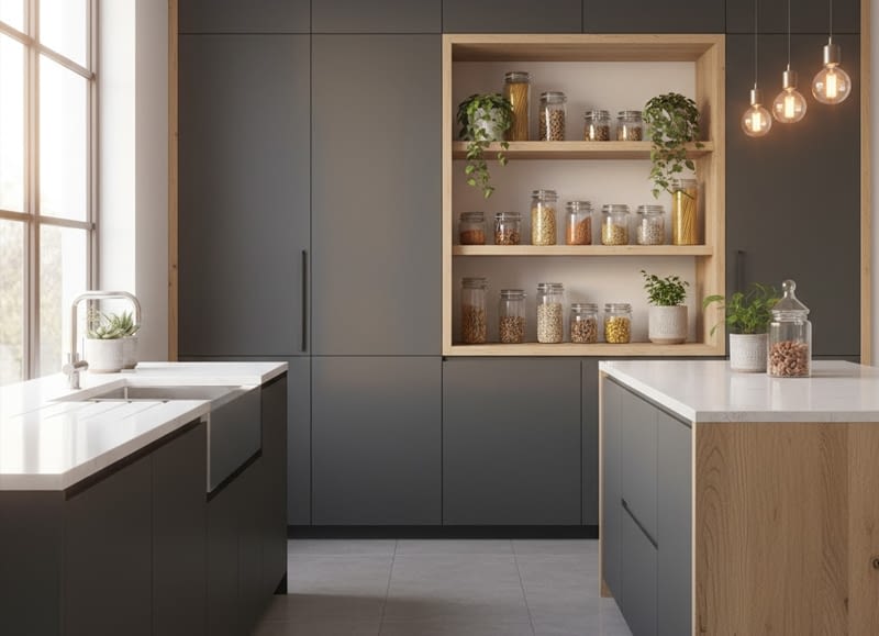 מטבח עם מידוף פתוח כחלק מעיצוב פרקטי
