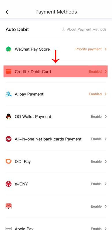 אפליקציית דידי - תמונת מסך אמצעי תשלום