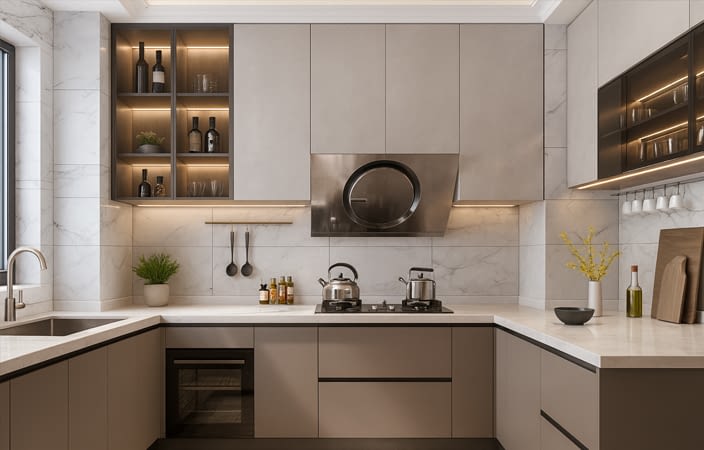 ארונות מטבח בשילוב זכוכית כהה