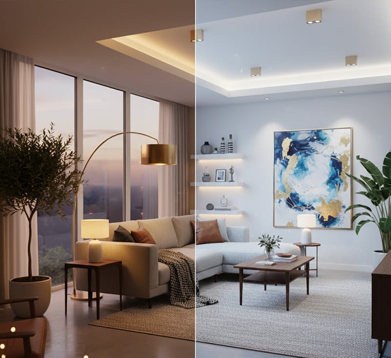 שילוב של סוגי תאורה שונים בעיצוב פנים