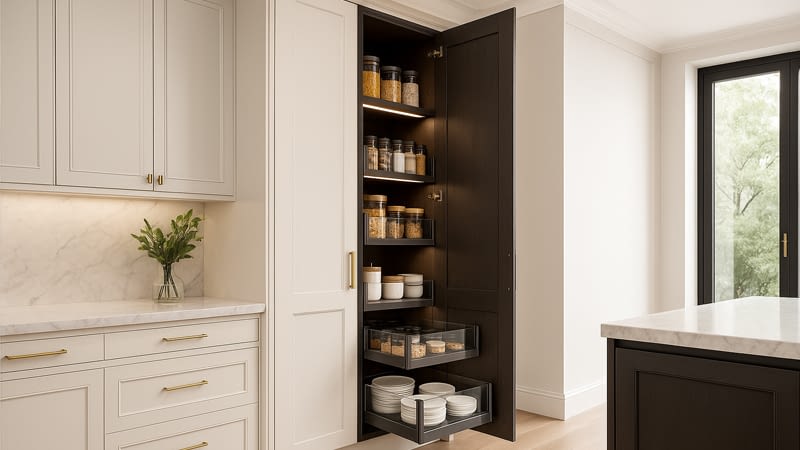 ארון מזווה למטבח עם מגירות חזית מזכוכית