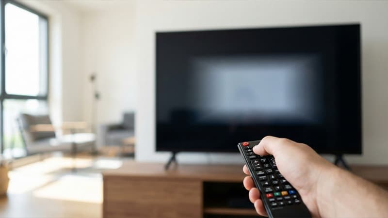 אדם מחזיק שלט ומכבה את הטלוויזיה