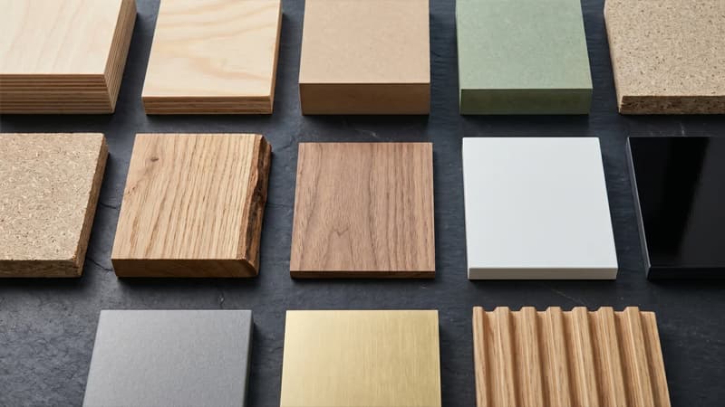 דוגמאות חומרי נגרות להשוואה בין סנדוויץ MDF סיבית פורניר ו-HPL