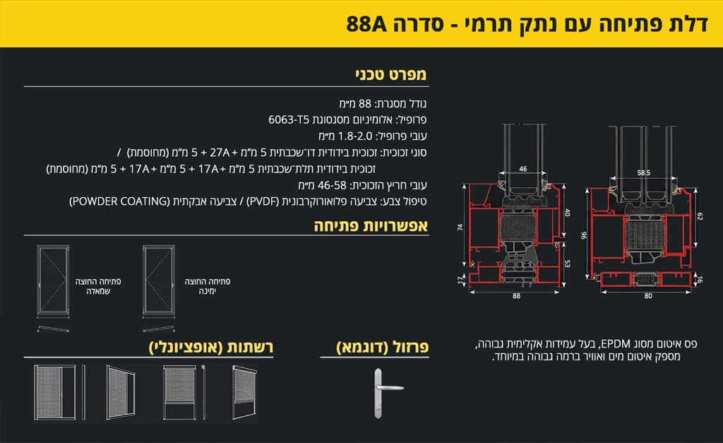 פרופיל אלומיניום - דלת פתיחה עם נתק תרמי - סידרה 88A - מפרט טכני