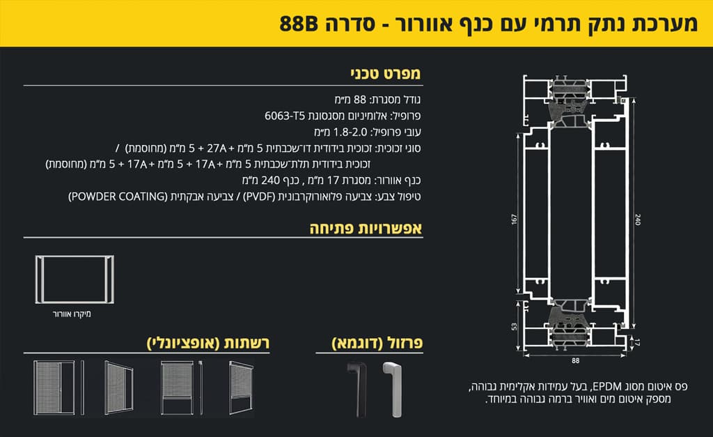 פרופיל אלומיניום - מערכת חלונות עם כנף אוורור - סידרה 88B - מפרט טכני