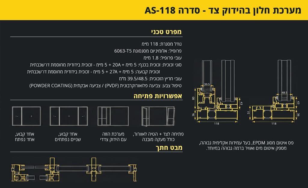 פרופיל אלומיניום - מערכת חלונות בהידוק צד סידרה AS-118 - מפרט טכני