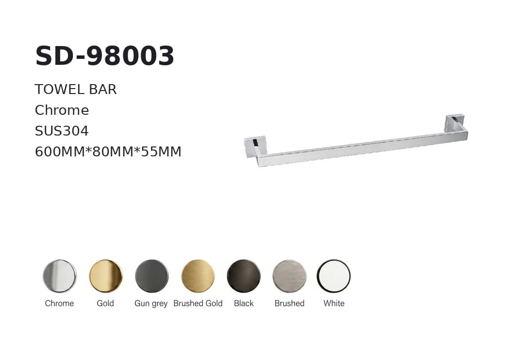 תמונה מוגדלת של מוט מגבת יחיד כרום דגם BA-SD-98003 – עיצוב נקי לחדר רחצה מודרני