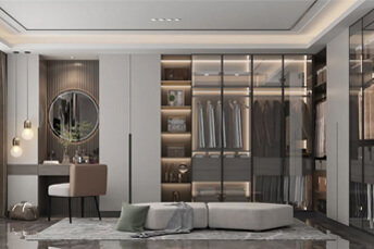 Closet with LED lighting and glass doors