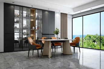 black wooden cabinets with glass doors