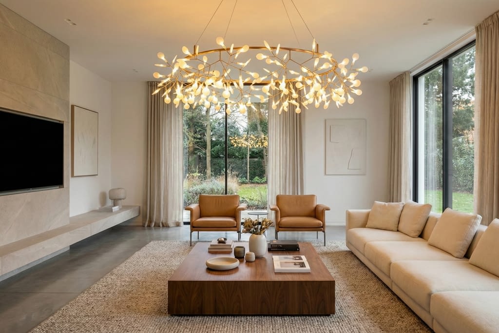 שנדליר תאורה בעיצוב נורדי עם שילוב נחושת בסלון בית יוקרתי
