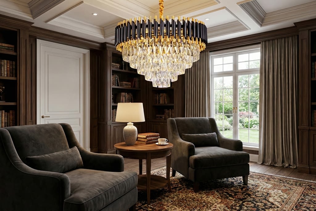 שנדליר קריסטל ואלומיניום שחור בחדר קריאה