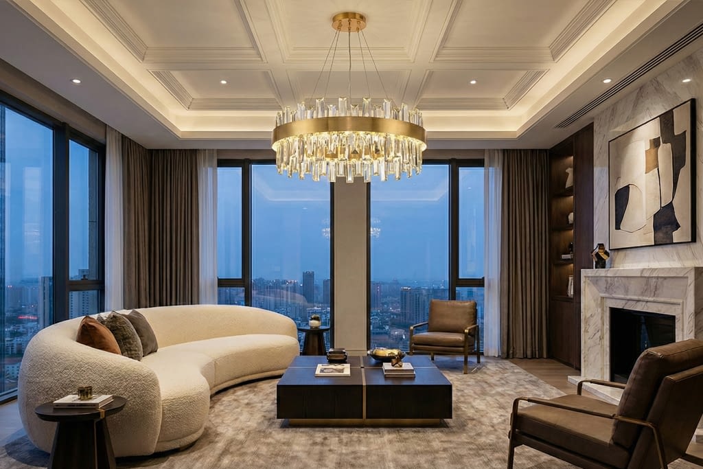 שנדליר מודרני עם קריסטלים בסלון בית יוקרתי