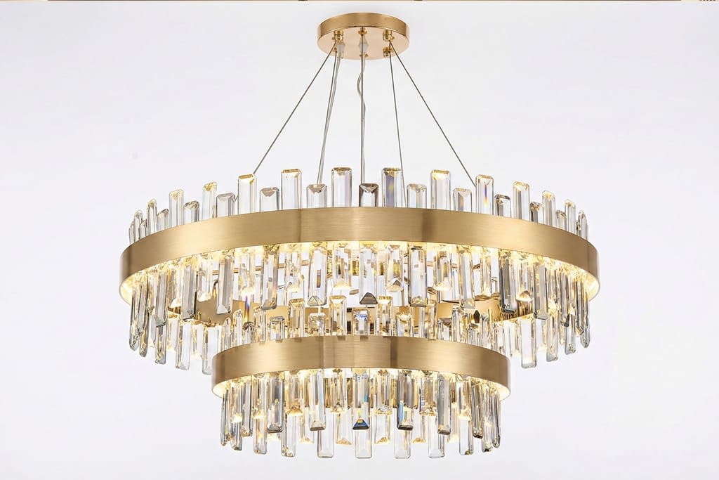 שנדליר מודרני עם קריסטלים עם פסי זהב מוברש