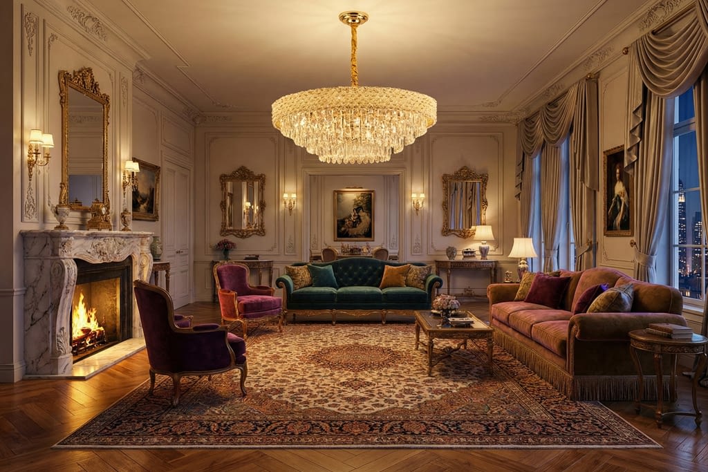 שנדליר עגול עם קריסטלים בחדר בעיצוב רנסנס