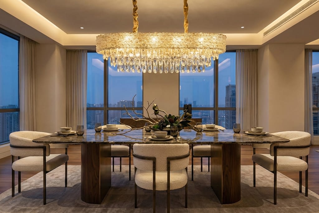 שנדליר עם פינות עגולות מעל פינת אוכל - קריסטלים וגימורי זהב