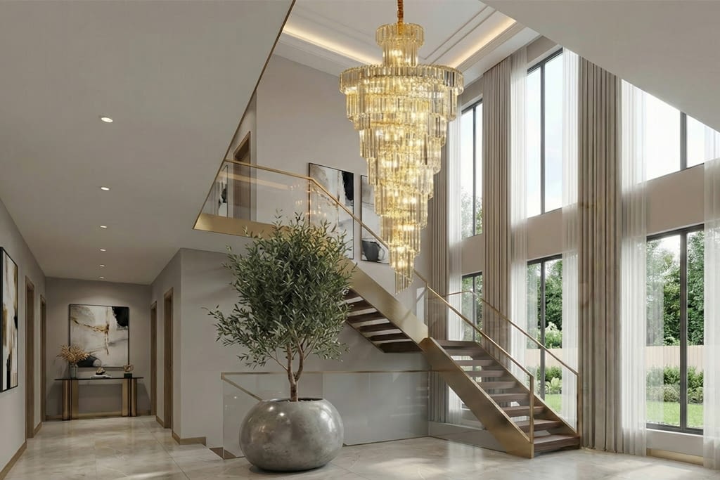 שנדליר ספירלה קריסטלים וזהב לתקרה גבוהה 2 מטר גובה