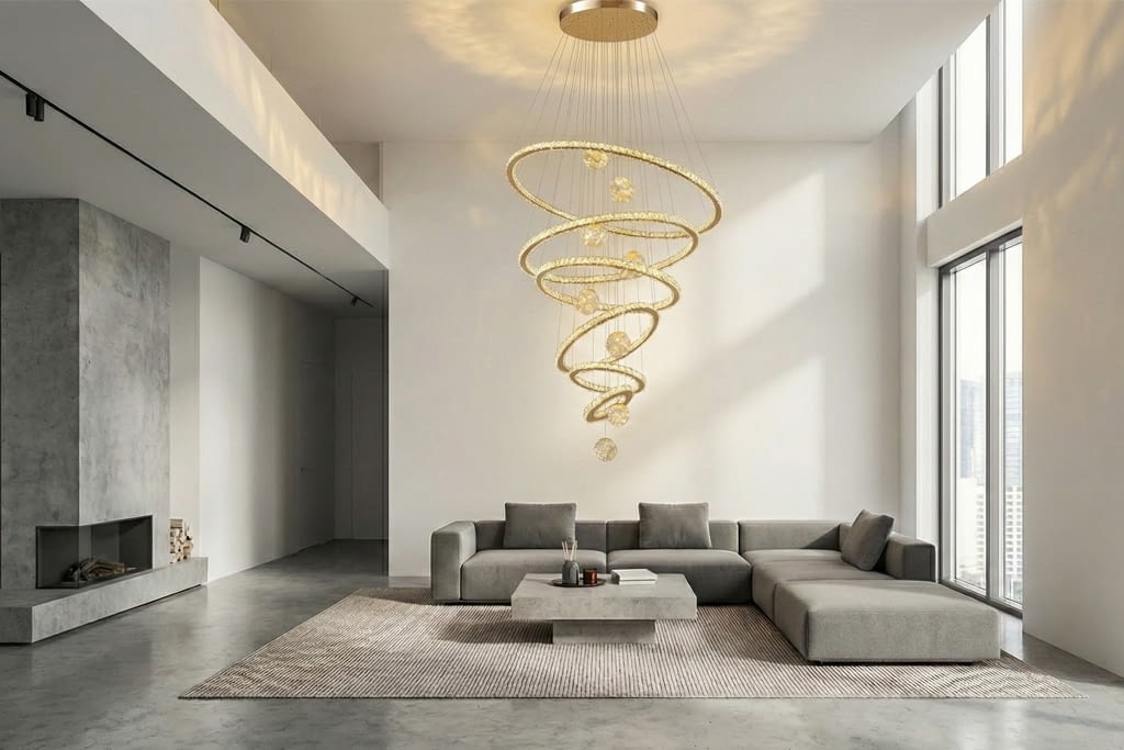 שנדליר זהב בשילוב קריסטלים וזכוכית לתקרה גבוהה