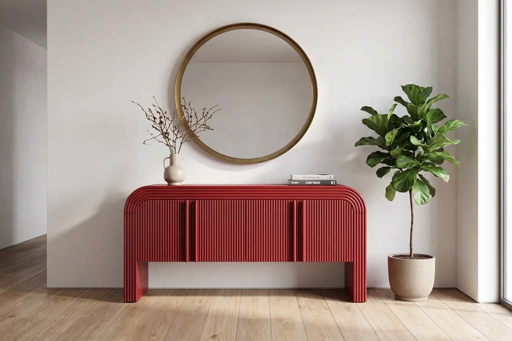 קונסולה אדומה מחורצת דגם RIBBED בתוך חלל כניסה צבעוני ומודרני