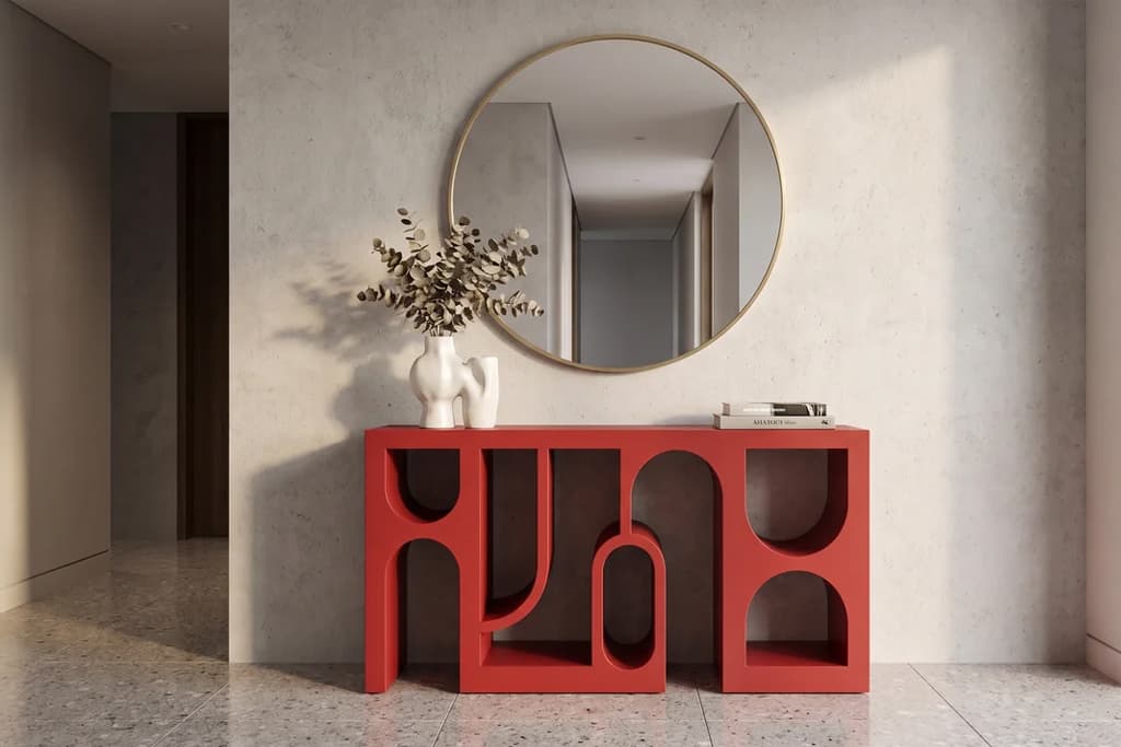 קונסולה אדומה גרפית דגם PUZZLE בתוך חלל מגורים צבעוני