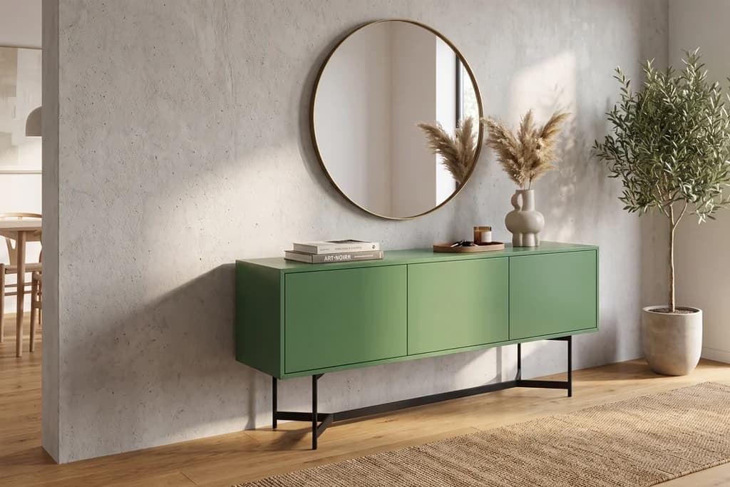 קונסולת אחסון ירוקה דגם VERDE בתוך סלון מודרני במסגרת יבוא קונסולות מסין
