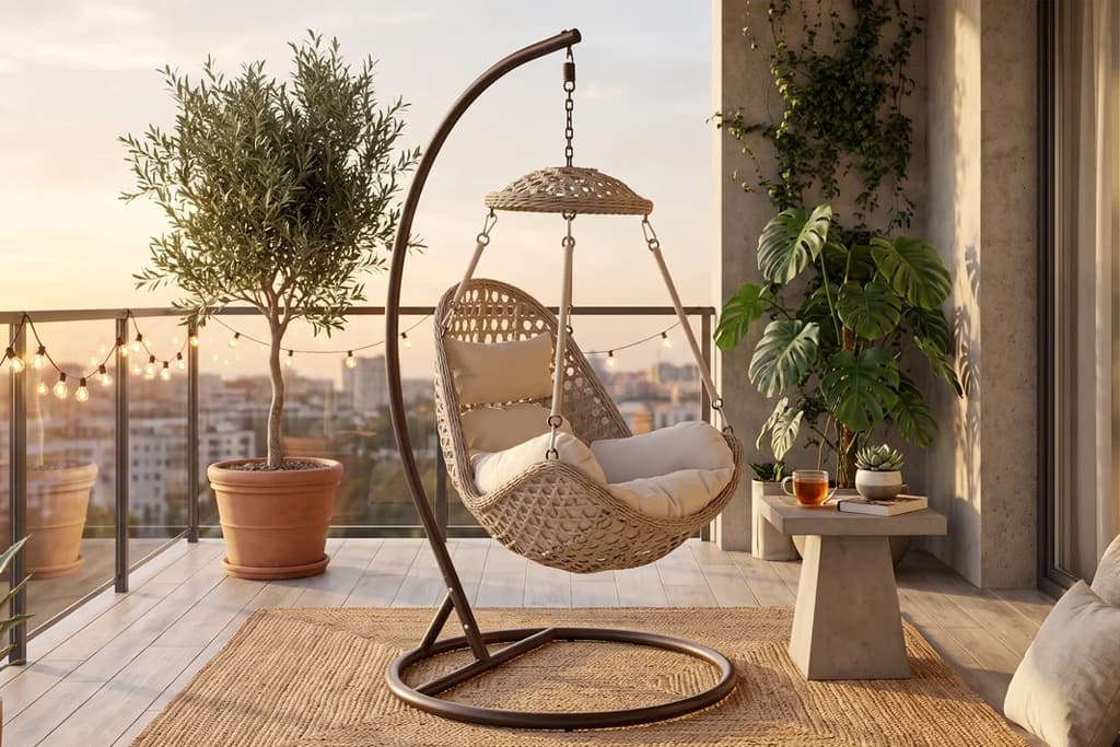 ערסל תלוי יחיד בגוון שמנת דגם BOHO במרפסת פתוחה עם נוף עירוני