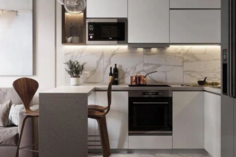 Solid wood kitchen with marble dining area