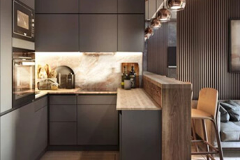 dark walnut frame kitchen with beig marble