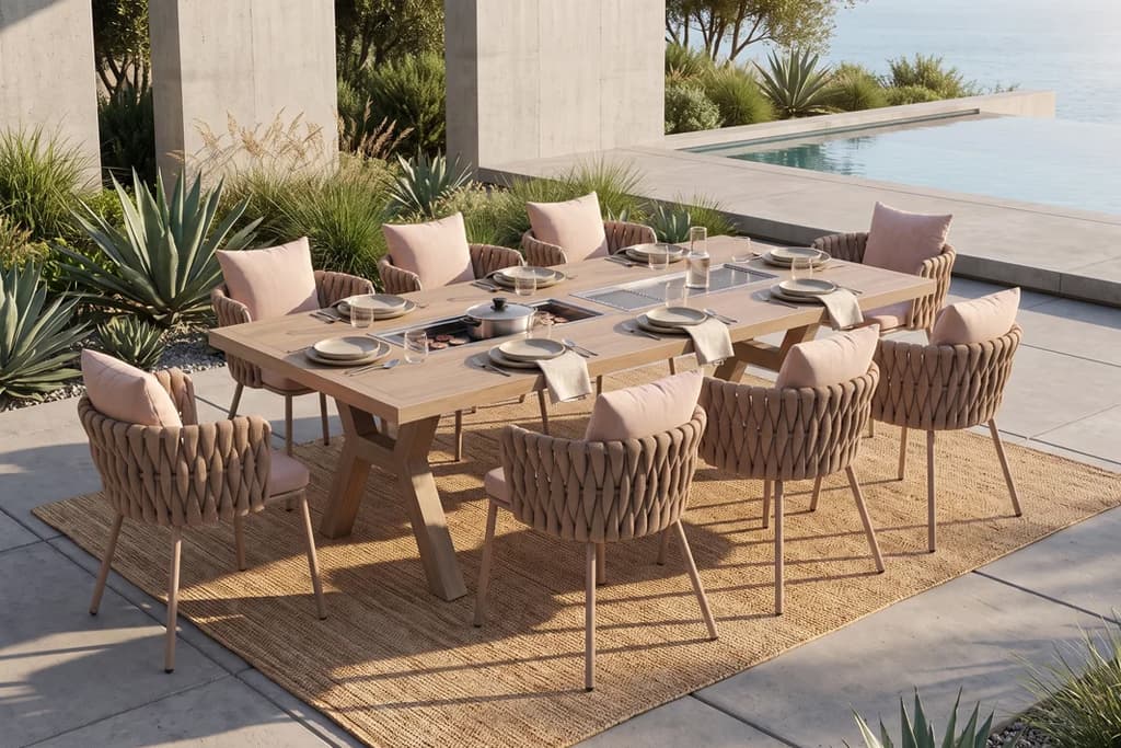 פינת אוכל דגם FIREPIT לצד בריכה בחצר בית יוקרתי