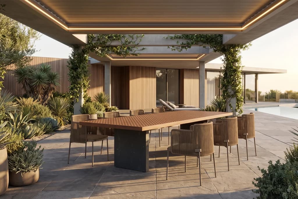 פינת אוכל דגם TIMBER תחת קירוי חוץ יוקרתי ליד הכניסה לבית