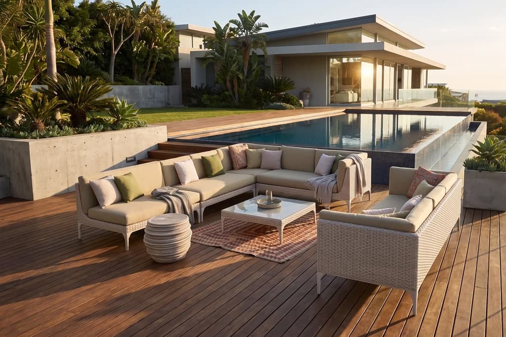 מערכת ישיבה פינתית דגם TERRACE על דק עץ לצד בריכה בבית מודרני