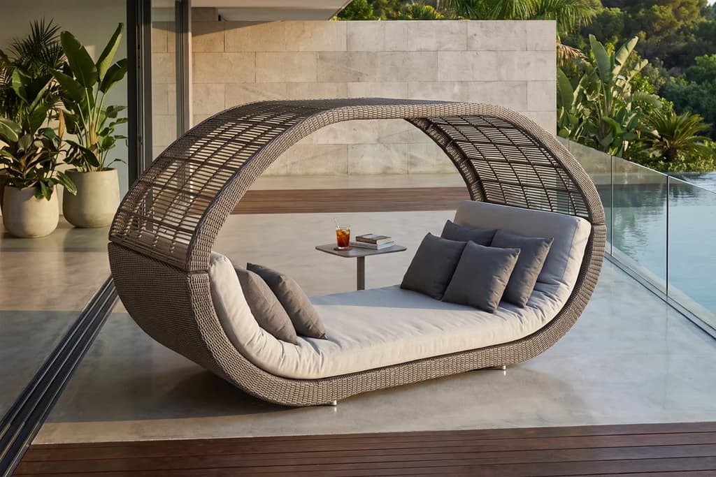 מיטת רביצה לחוץ COCOON במרפסת מקורה לצד בריכה וצמחייה