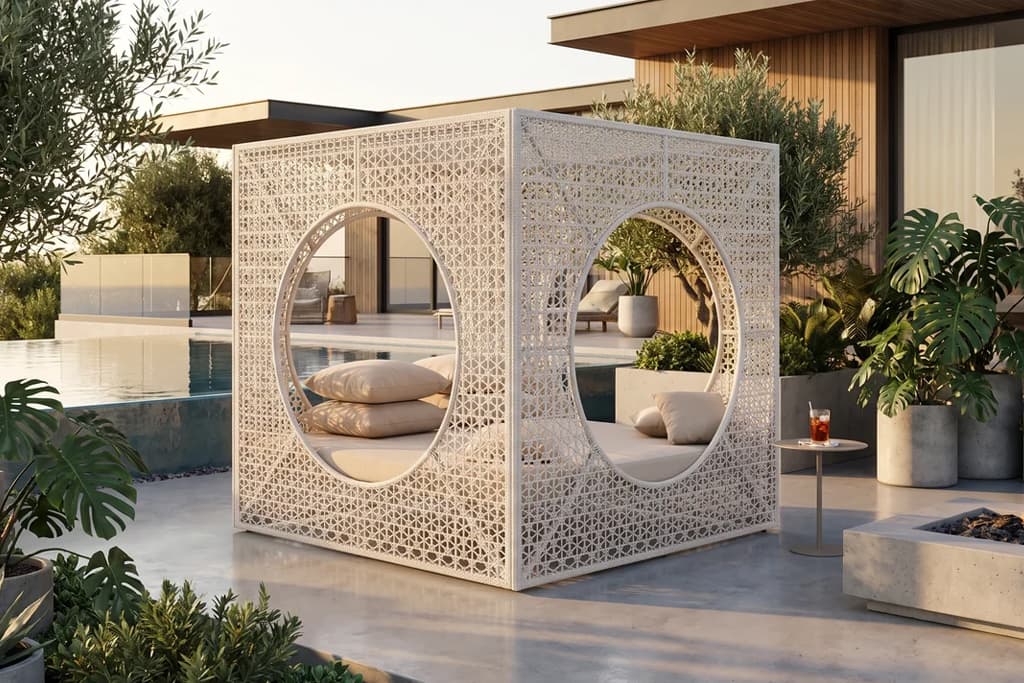 מיטת רביצה לחצר PAVILION לצד בריכה בחצר בית מודרני עם צמחייה