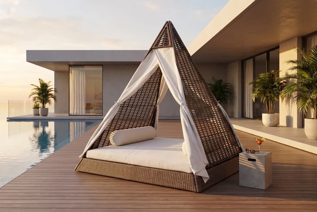 מיטת רביצה לחוץ TEEPEE על דק עץ לצד בריכה בבית מודרני