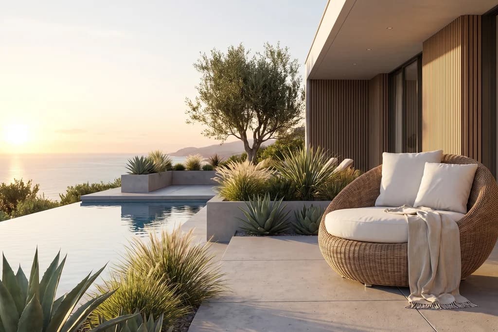 מיטת רביצה לחוץ COVE במרפסת חוץ עם נוף לים וצמחייה