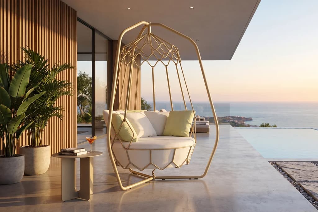 מיטת רביצה תלויה SWING במרפסת מקורה ליד בריכת אינפיניטי