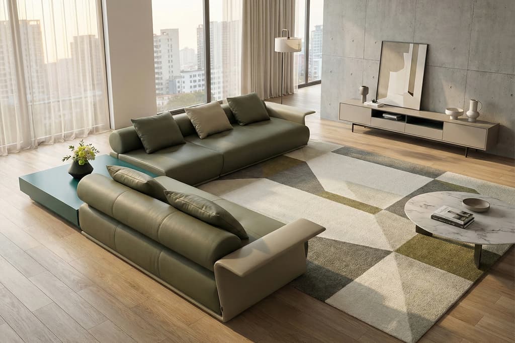 ספה מודולרית מעור בצבע ירוק דגם tal-gs9240 בתוך סלון בעיצוב מודרני